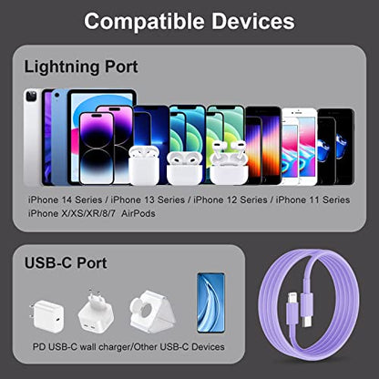 2 Pack Fast Charger Cable, 6ft USB-C to Lightning Cable, MFi Certified, Purple, for iPhone14/13/12/11 Pro Max/Mini/XR/XS, etc. - color: Purple, size: 6 feet