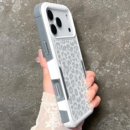 Magnetic Cute Case for iPhone 17 Pro, White Leopard Cheetah | Compatible with Magsafe, Heavy Duty Tough Rugged Full body Protection Shockproof Protective Phone Case for Women Girls - color: Magnetic-iPhone 17 Pro