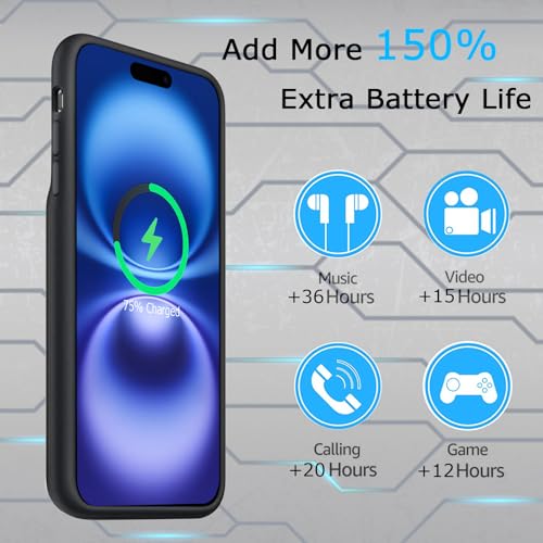 Battery Case for iPhone 16, Upgraded 10000mAh Ultra-Slim Rechargeable Portable Extended Battery Pack Support Qi Wireless Charging Case Compatible with iPhone 16 (6.1 inch) Charger Case Cover(Black) - size: iPhone 16 (6.1 inch)