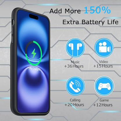 Battery Case for iPhone 16, Upgraded 10000mAh Ultra-Slim Rechargeable Portable Extended Battery Pack Support Qi Wireless Charging Case Compatible with iPhone 16 (6.1 inch) Charger Case Cover(Black) - size: iPhone 16 (6.1 inch)