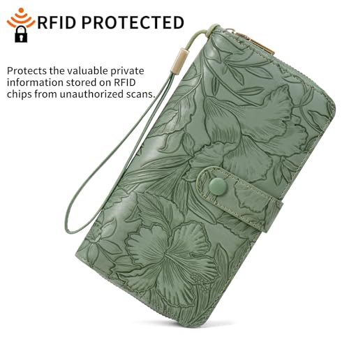 SENDEFN Women's Credit Card Holder RFID Blocking Zip Around Leather Wallet Large Capacity Long Purse with Wristlet - color: Green