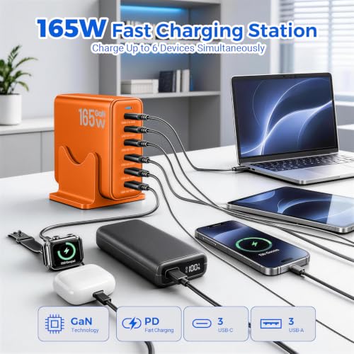 165W GaN Charging Station, 6-Port Desk Charging Station, Orange - color: Orange
