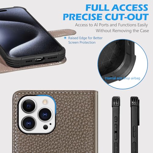 Genuine Leather Wallet Case for iPhone 16 Pro 6.3", Gray Brown | 2-in-1 Magnetic Detachable, Shockproof, Flip Folio with Card Slot, RFID Blocking - color: Gray Brown, size: 16 Pro 6.3‘’