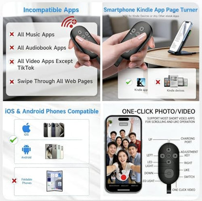 Phone Holder for Bed Laying Down with Remote Page Turner, Bedside Gooseneck Phone Stand with Clicker for Reading, Flexible Mount with Wireless Scrolling Ring for iPhone/Tiktok/Short Video