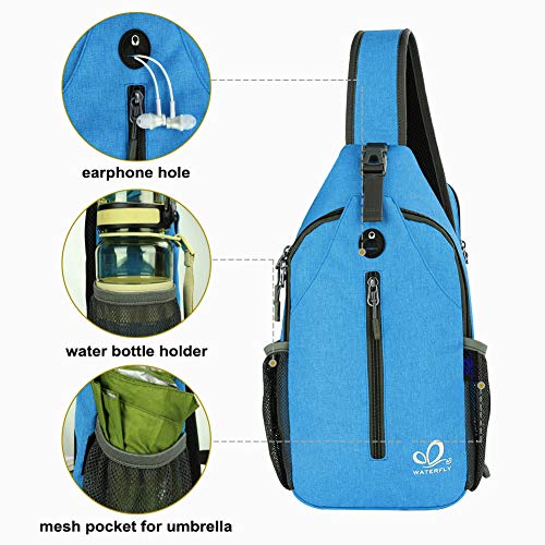 WATERFLY Crossbody Sling Backpack Sling Bag Travel Hiking Chest Bag Daypack | Small Hiking bag,Multi-compartment storage,Water-resistant,Breathable back pad,Reversible adjustable shoulder strap - color: N - Sky Blue