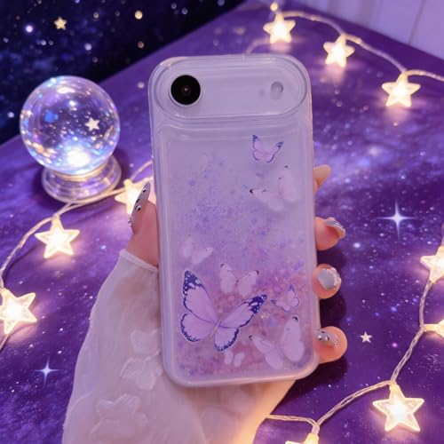 Compatible with iPhone Air Glitter Butterfly Case Glow in The Dark Women Girls Girly Bling Sparkle Flowing Quicksand Light up Soft TPU Bumper Luminous Clear Phone Cover, Blue - color: Purple, size: iPhone Air