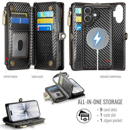 Defencase for iPhone 17 Phone Case Wallet Compatible with Magsafe, C-Black | Magnetic Detachable, Drop-Proof Protective Wallet Cases Cover, with RFID Bolcking Card Holder, Zipper Strap, Soft PU Leather - color: (Detachable with Magsafe)-Carbon Fiber Black