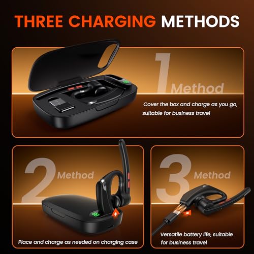 Bluetooth Headset V5.3, Wireless Headset with Dual Noise-Canceling Mics, Portable Charging Case, 300H Standby Time, Hands Free Headphones for PC/Cell Phones, Trucker/Office/Work