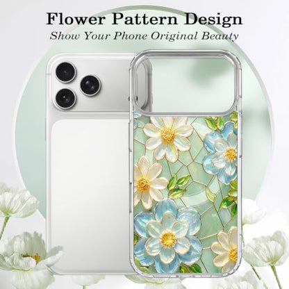 for iPhone 17 Pro Max Magnetic Case【Compatible with MagSafe】 Aesthetic Oil Painting Stained Glass Flower Design, Slim Fit Hard PC Back Shockproof Cute Clear Phone Cover, White Blue - color: White Blue, size: iPhone 17 Pro Max