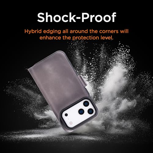 Bayelon Leather Folio Case for iPhone 17 Pro 6.3", Flip Cover Card Holder, Genuine Leather Case, Folio Wallet Case, MagSafe Compatible Shockproof Flip Cover, Rfid Blocking -Smoked Black - color: Smoked Black, size: iPhone 17 Pro