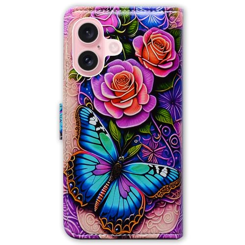 Bcov Case for iPhone 16,Blue Butterfly Flowers Rose Multifunction Leather Phone Case Wallet Flip Cover with Multi Card Slots Pocket Wrist Strap for Apple iPhone 16 - color: Blue Butterfly Flowers Rose