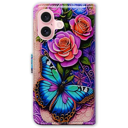 Bcov Case for iPhone 16,Blue Butterfly Flowers Rose Multifunction Leather Phone Case Wallet Flip Cover with Multi Card Slots Pocket Wrist Strap for Apple iPhone 16 - color: Blue Butterfly Flowers Rose