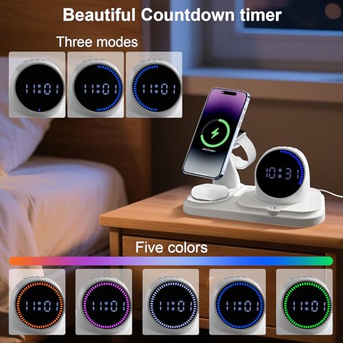 6 in 1 Wireless Charging Station with Bluetooth Speaker Fuction, Charging Stand for Multiple Devices for Apple iPhone 17 16 15 14 13 12 Pro Max Apple Watch Airpods, Digital Clock and Ambient Lights