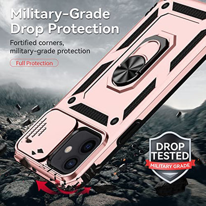 for iPhone 12 Mini Case with Camera Lens Cover Screen Protector, Dual Layer Military Grade Drop Protection Magnetic Ring Holder Kickstand Protective Phone Case for iPhone 12 Mini 5.4 inch (Rose Gold) - color: Rose Gold with camera cover Military-Grade 2nd