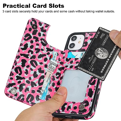 HAOPINSH for iPhone 11 Wallet Case with Card Holder, Pink Black Leopard Cheetah Pattern Back Flip Case PU Leather Kickstand Card Slots Case for Women Girls, Double Magnetic Clasp Shockproof 6.1" - color: Pink Black Leopard