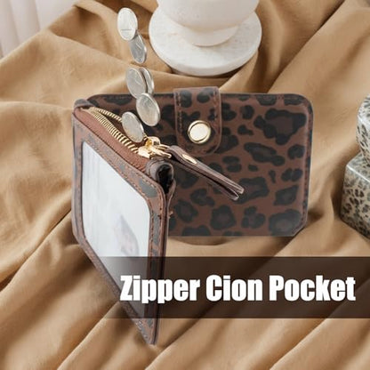 M-Plateau RFID Blocking Keychain Wallet With Leather Wrist Strap | Keychain Wristlet, Womens Card Holder with Zipper Coin Pocket and ID Window - color: Leopard