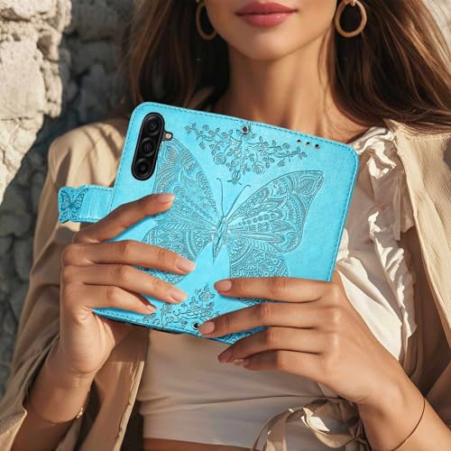 for Samsung Galaxy A17 5G Phone Case Wallet,Blue | Butterfly Embossed PU Leather, Credit Card Holders, Wrist Strap, Magnetic Closure, Flip Protective Purse Cover for Women Men - color: Blue