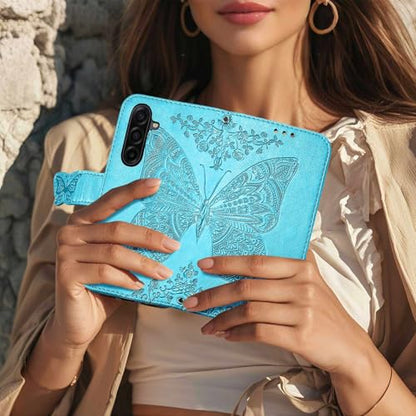 for Samsung Galaxy A17 5G Phone Case Wallet,Blue | Butterfly Embossed PU Leather, Credit Card Holders, Wrist Strap, Magnetic Closure, Flip Protective Purse Cover for Women Men - color: Blue