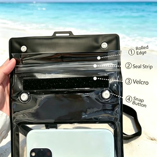 Large Waterproof Phone Pouch,[with Sealing Strip] IPX8 Waterproof Pouch for Kayak Beach Cruise Travel Essentials,Cell Phone Dry Bag for iPhone 17 16 15 Pro Max Samsung S26 S25 Ultra All Device(Black) - color: Black
