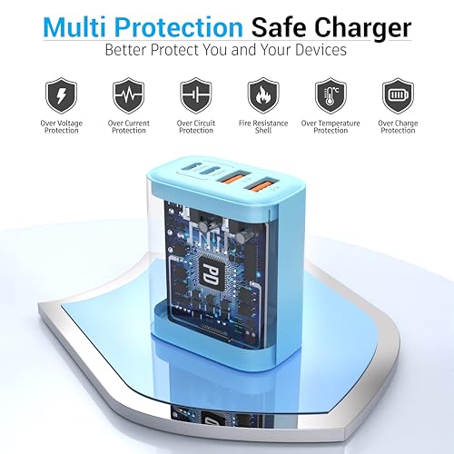 TT&C USB C Charger Block, 40W 4 Ports Wall Charger for iPhone 17,16,15,14 - color: Blue 1Pack