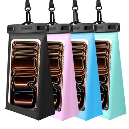 4 Pack Floating Waterproof Phone Pouch - Universal Large Floatable Water Proof Dry Bag Case - Float Clear Cell Holder with Lanyard - for iPhone 17 Pro Max Samsung Galaxy - Beach Swimming Pool - color: Black+Blue+Green+Pink