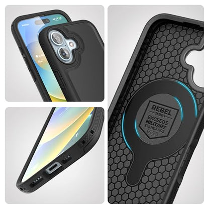ENCASED Shockproof Case Compatible with iPhone 16 Plus - Ultra Protective Heavy Duty Magnetic Phone Cover, Rebel Series (Black, for iPhone 16 Plus) - color: Black, size: iPhone 16 Plus
