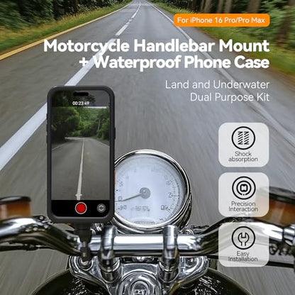 TELESIN Motorcycle Phone Mount Fit iPhone 16 Pro Max, Magnetic Motorcycle Phone Holder with Vibration Dampener & Metal Buckle [One-Click Unlock] with Magnetic Phone Case for 25 & 28 mm Handlebars