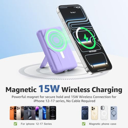 Azmuth for MagSafe Portable Charger, 10000mAh Magnetic Power Bank 20W PD | Fast Charging,Wireless Battery Pack with LED Display & Stand,Travel Essentials,for iPhone 17/16/15/14/13/12 Series - color: Purple