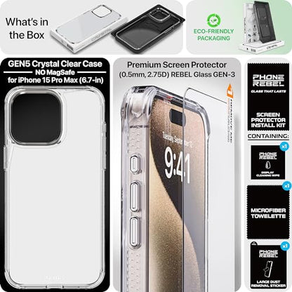 REBEL Clear Case for iPhone 15 Pro Max [Crystal Series Gen-5] Transparent, Dual Anti-Scratch, Non-Yellowing PC, Protective Shockproof Bumpers, Metal Lens & Buttons, 6.7 Inch Phone 2023 (No Magnet) - color: Crystal Clear, No MagSafe, size: iPhone 15 Pro Ma