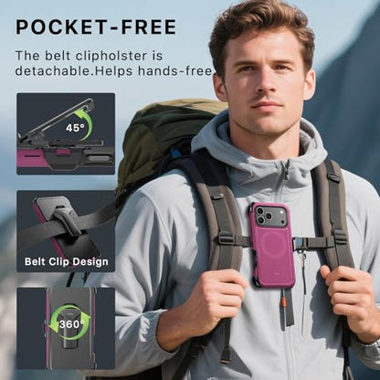 M MYBAT PRO for iPhone 17 Pro Case with Belt Clip Holster,[Compatible with Magsafe] w/Screen Protector,Anti-Drop,Shockproof,w 360°Rotating Kickstand,Heavy Duty Protection (Plum) - color: Plum