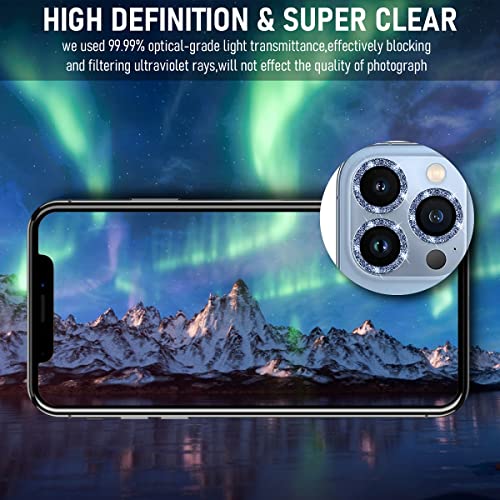 Suoman 3-Pack for iPhone 13 Pro 6.1 inch / 13 Pro Max 6.7 inch Camera Lens Protector, 9H Hardness Tempered Glass Film, [Glitter diamonds] Individual Metal Protective Cover - Far Peak Blue - color: Blue