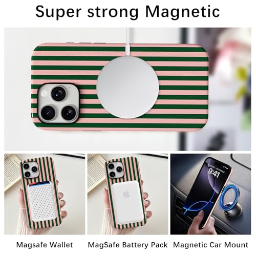 Skyseaco Compatible with iPhone 14 Pro Max Case with MagSafe, Cute Striped Phone Case for Women Girls, Soft TPU + Hard PC Dual Layer Shockproof Glossy Protective Cover, Pink and Green - color: Pink and Green, size: iPhone 14 Pro Max