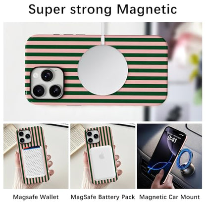Skyseaco Compatible with iPhone 15 Pro Max Case with MagSafe, Cute Striped Phone Case for Women Girls, Soft TPU + Hard PC Dual Layer Shockproof Glossy Protective Cover, Pink and Green - color: Pink and Green, size: iPhone 15 Pro Max
