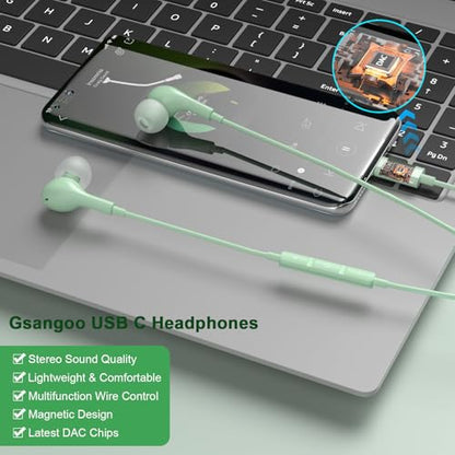 USB C Headphones for iPhone 17 16 15 Pro Max, Wired Earbuds with Mic, Volume Control, Noise Cancelling, Compatible with iPhone 15/16/ 17 Air/iPad Pro/Samsung Galaxy S26 / S25/ S24/S23 Ultra - color: Green