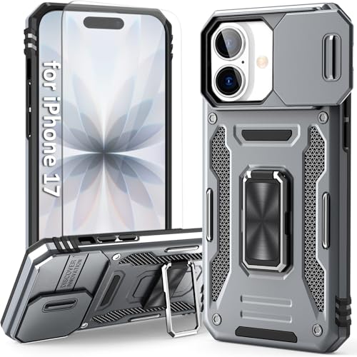 Shockproof Phone Case Compatible with iPhone 17 Case with Kickstand & HD Screen Protector & with Camera Cover Dual-Layer Military-Grade Drop Protection Phone Case (Gray) - color: Grey, size: iPhone 17 【6.3 inch】