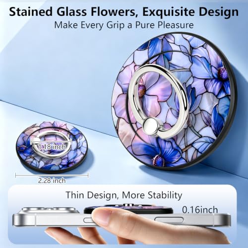 Magnetic Phone Ring Holder with MagSafe, 360° Rotation Super Magnet Finger Grip Removable Kickstand, Cute Stained Glass Floral Designed Stand for iPhone 17 16 15 14 13 12 Pro Max Plus, Purple Flower - color: Purple Flower