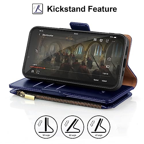 Antsturdy for iPhone 14 Pro Phone Wallet Case Women,Dark Blue | RFID Blocking,with Credit Card Holder Slots,PU Leather Purse,Zipper Pocket,Wrist Strap Kickstand,Flip Folio Cover for Men - color: A-Dark Blue