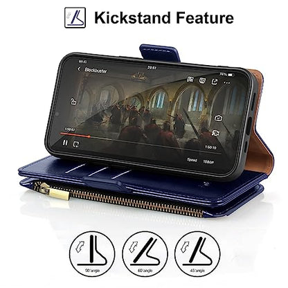 Antsturdy for iPhone 14 Pro Phone Wallet Case Women,Dark Blue | RFID Blocking,with Credit Card Holder Slots,PU Leather Purse,Zipper Pocket,Wrist Strap Kickstand,Flip Folio Cover for Men - color: A-Dark Blue