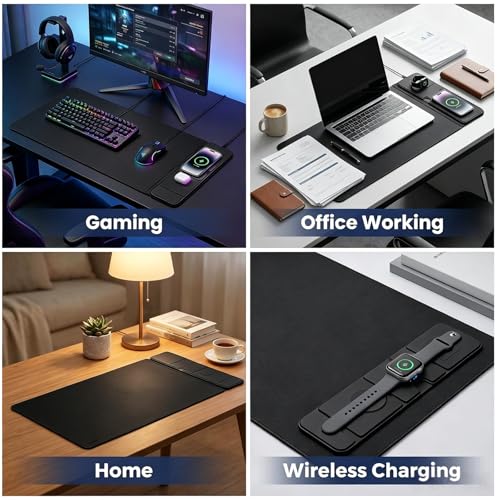 15W Wireless Charging Mouse Pad 31.5"x15.75", Double-Sided Faux Leather - color: Folding-Black