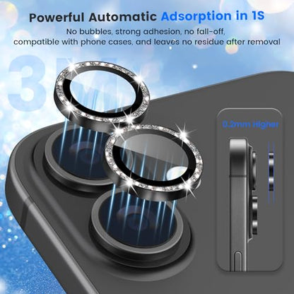 imluckies Glitter Camera Lens Protector for iPhone 17 6.3", [AR+AF] HD Clear Tempered Glass Lens Cover, 9H Scratch Resistant Individual Metal Shiny Ring, Case Friendly & Easy Install, Bling Black - color: Bling Black