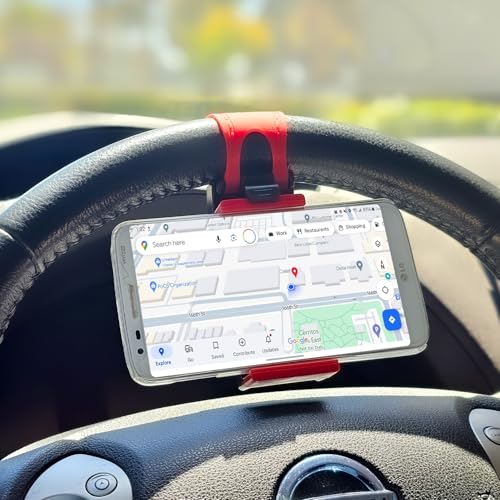 Cellet Universal Steering Wheel Phone Mount Holder - Adjustable Handlebar Cradle Clamp Fits iPhone 16 15 14 13 Pro Black, Fits Standard Devices 2.1" to 3.1" Wide, Stroller & Exercise Bike Bracket