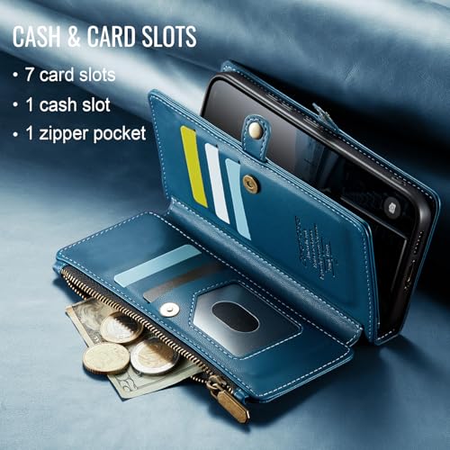 Defencase for Samsung Galaxy S25 Wallet Case with RFID Card Holder, Blue | Durable Soft PU Leather, with Zipper Pocket, Wrist Strap, Fashion Snap Flip S25 Phone Cases Cover with Stand for Women Men - color: Dark Blue