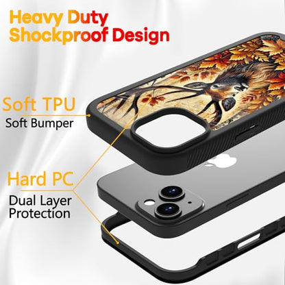Compatible with iPhone 14 / iPhone 13 Case – Rugged Full-Body Protective Cover for Women Men Dual Layer Shockproof Bumper, Heavy-Duty Phone Case - Deer Fall Maple Leaf 097 - color: Deer Fall Maple Leaf 097