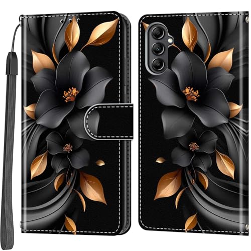 Case Wallet for Samsung Galaxy A14 5G, Black Flower | Kickstand, 3 Card Holder, Shockproof TPU Interior Shell, PU Leather, Magnetic Flip Cover, Lanyard Strap - color: Pic:04