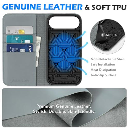 SHIELDON Genuine Leather Case Wallet for iPhone Air 6.5" 2025, Grey | Folio Magnetic Closure, RFID Blocking, Credit Card Holder, Kickstand, Shock Absorbing Protective Cover - color: Gray