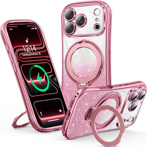 Reukdnv 360° Spin Magnetic Stand for iPhone 17 Pro Case [DIY Glitter Cardstock] [Full Camera Protection] [Fit for MagSafe] Shockproof Plating Glitter Bling TPU Cover for Women Girls 6.3", Pink - color: Pink Glitter, size: iPhone 17 Pro