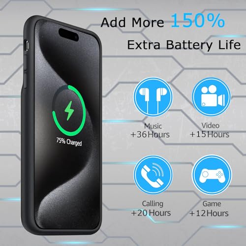 Battery Case for iPhone 15 Pro Max, Full Encircle 12000mAh Capacity Rechargeable Portable Charger Case Extended Battery Pack for iPhone 15 Pro Max(6.7 inch) Wireless Charging Case with Carplay-Black - size: iPhone 15 Pro Max (6.7 inch)