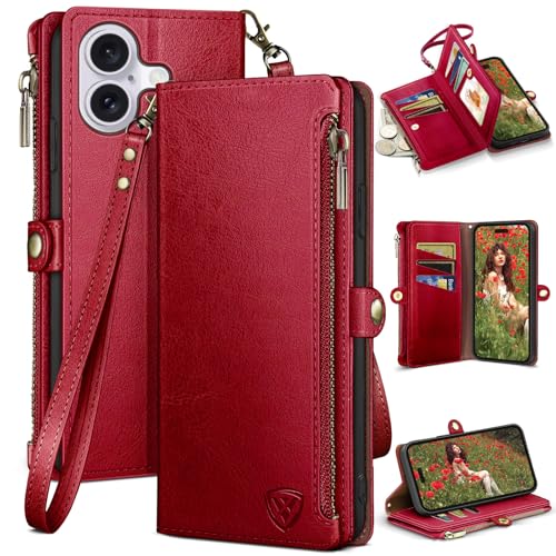 XcaseBar Compatible with iPhone 16 Plus 6.7" Wallet case with Zipper Credit Card Holder【RFID Blocking】,Flip Folio Book PU Leather Phone case Shockproof Cover Women Men for Apple 16 Plus case Red - color: Red