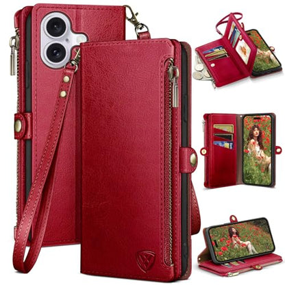 XcaseBar Compatible with iPhone 16 Plus 6.7" Wallet case with Zipper Credit Card Holder【RFID Blocking】,Flip Folio Book PU Leather Phone case Shockproof Cover Women Men for Apple 16 Plus case Red - color: Red