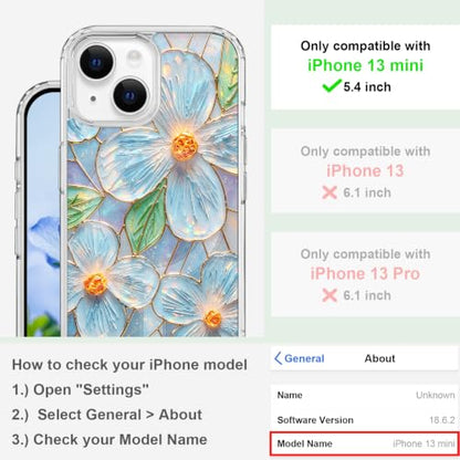 for iPhone 13 Mini 5.4" Magnetic Case【Compatible with MagSafe】 Aesthetic Oil Painting Stained Glass Flower Design, Slim Fit Hard PC Back Shockproof Cute Clear Phone Cover, Light Blue - color: Light Blue, size: iPhone 13 Mini